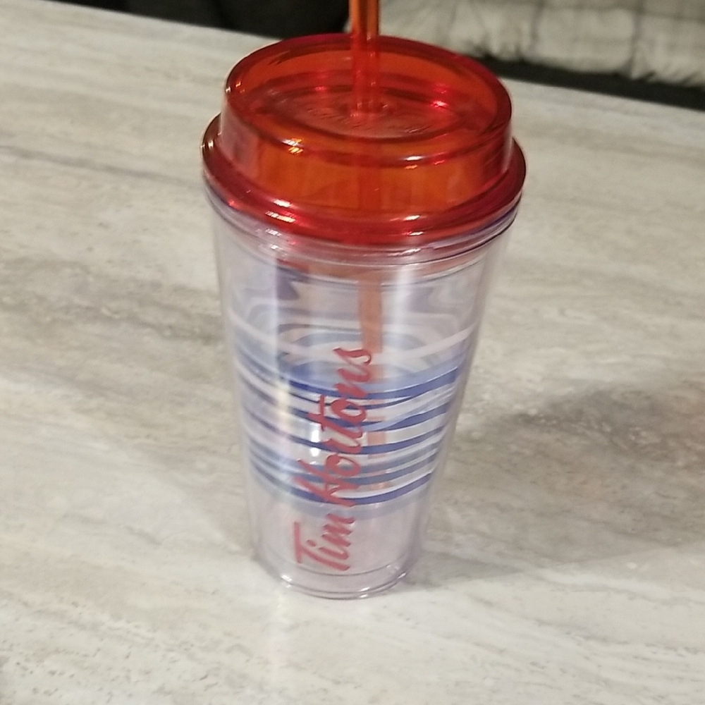 Tim Hortons Red and Blue Tumbler with Straw